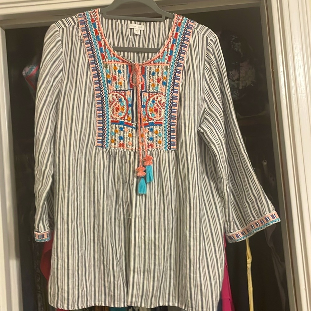 J Jill Love Linen Embroidered Shirt Jacket Size M Peasant Boho Folk Stripes